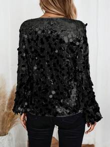 EMERY ROSE 女士秋季纯色灯笼袖亮片 V 领衬衫，时尚