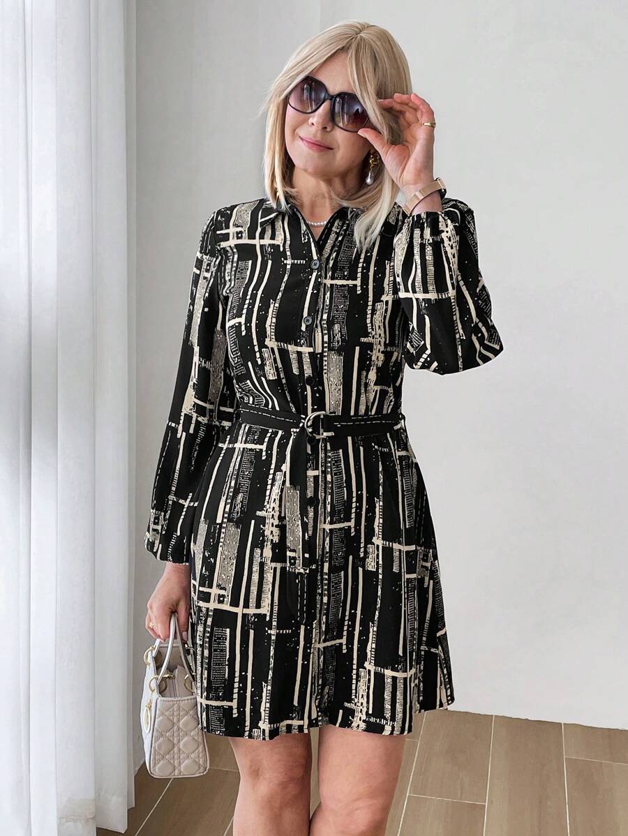 SHEIN LUNE Women's Front Tie Long Sleeve Print Minimalist Short Dress - Multicolor - View 1