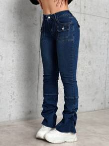 SHEIN PETITE Navy Blue High Elasticity Skinny Jeans For Women - Dark Wash - View 2