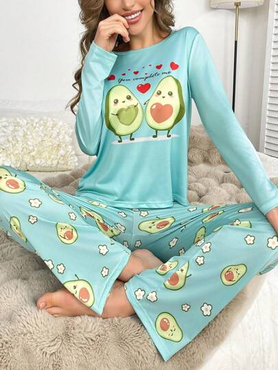Conjunto de pijama de pantalón y top de manga larga con estampado de aguacate para mujer, ropa de otoño e invierno