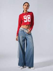 Coolane Women's Fall/Winter Basic Number Printed Keep Warm Red Round Neck Long Sleeve Crop Sweater