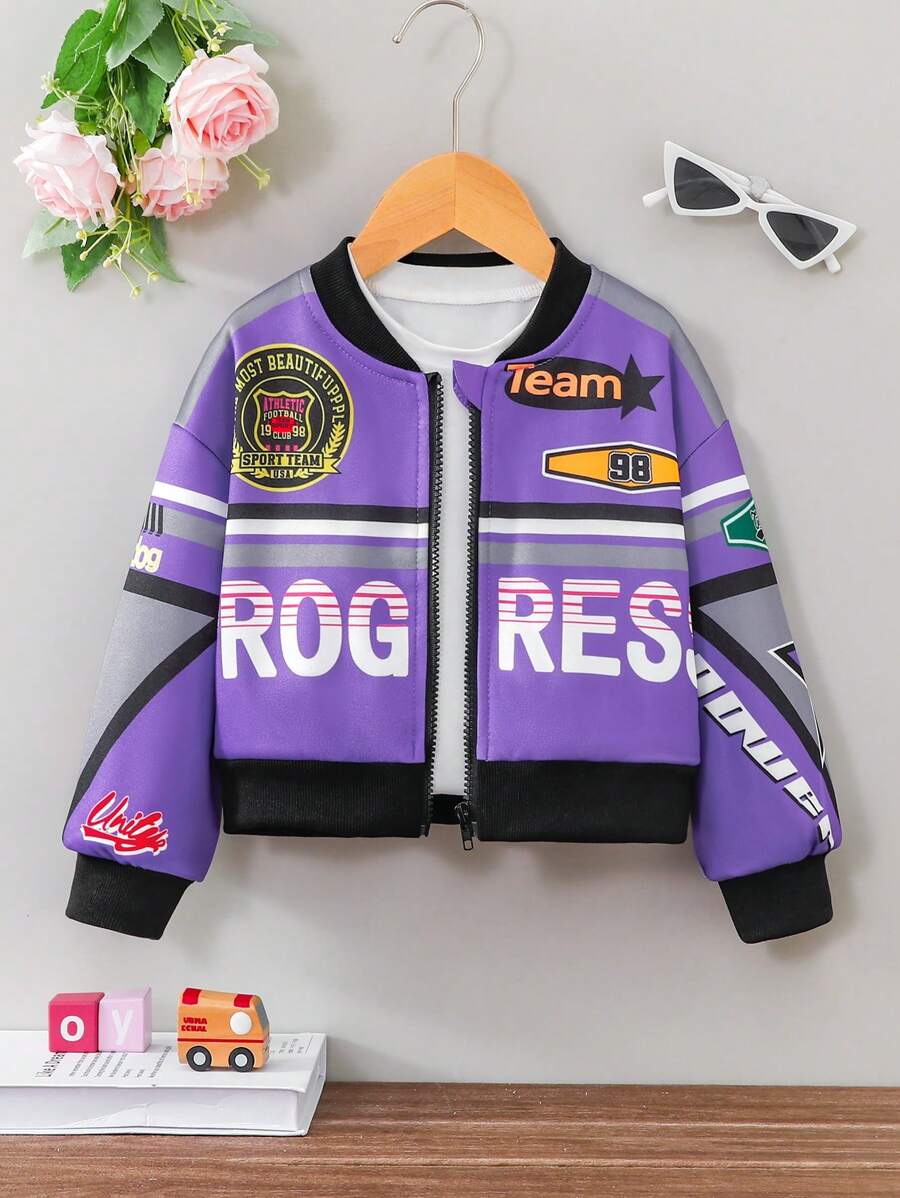 SHEIN Young Girls Fashion Color Block Letter Print Short Loose Stand Collar Zip-Up Biker Jacket, Suitable For Autumn, Purple Jacket