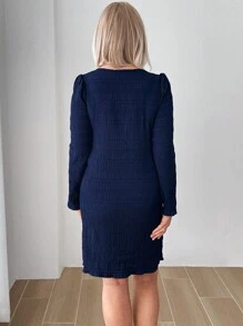 Miaspire Vestido de mujer de otoño con cuello en V con muesca, de tela texturizada azul