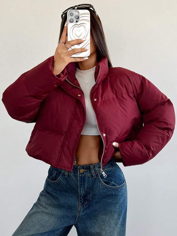 Flirla Damen Langarm Lässig Mantel mit Reißverschluss vorne, einfarbig, kurzer Stil, Stehkragen, modisch vielseitig, gefüttert, Winterbekleidung