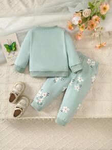 亚洲风格可爱甜美花朵女婴 2 件套服装：圆领运动衫 + 裤子，秋冬季时尚休闲装 - 綠色 - 查看 2