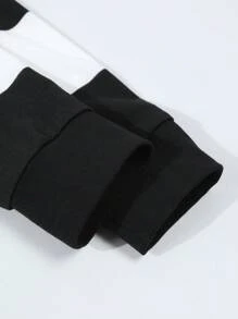 SHEIN Áo thun cổ tròn kẻ sọc dệt nhãn hiệu Anh thoải mái, đa năng, rộng rãi cho bé trai tuổi teen - Đen và trắng - Xem 6