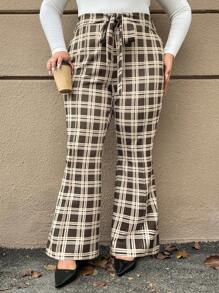 SHEIN Clasi Pantalon droit taille haute à motif carreaux marron avec nœud papillon, élégant pour les déplacements, le travail, l'école et polyvalent, style évasé en grandes tailles - Multicolore - Voir 5