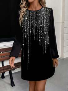 SHEIN LUNE Women Faux Rhinestone & Tassel Decor Dress - Black - View 6