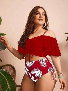 Swim Lushoire Plus Size Spaghetti Strap Bikini Two-Piece Bikini Summer - Red and White - View 4
