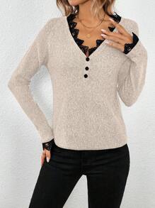 SHEIN LUNE 1pc Women Elegant V-Neck Contrast Color Block Lace Button Decoration Pullover Sweater Knit Pullover Fall Winter - Apricot - View 5