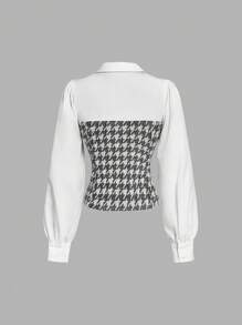 SHEIN MOD 女士优雅长袖拼色格子纽扣衬衫，立体正面，秋季衬衫，优雅衬衫，学院衬衫，感恩节女装，衬衫 - 彩色 - 查看 2