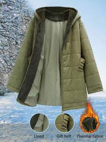 SHEIN LUNE 大码毛皮拼布连帽加厚棉服外套，休闲秋冬装 - 軍綠色 - 查看 1