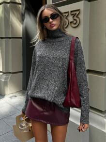 Aloruh Women's Autumn/Winter New Striped Splice Thick Knitted Sweater, Fashion Oversized Pullover Long Sleeve Knitwear - Dark Grey - View 2