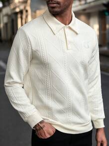 Manfinity Homme Men Solid Color Button Front Collar Casual Long Sleeve Plain Work Polo Shirt, For Husband & Daddy - Apricot - View 3