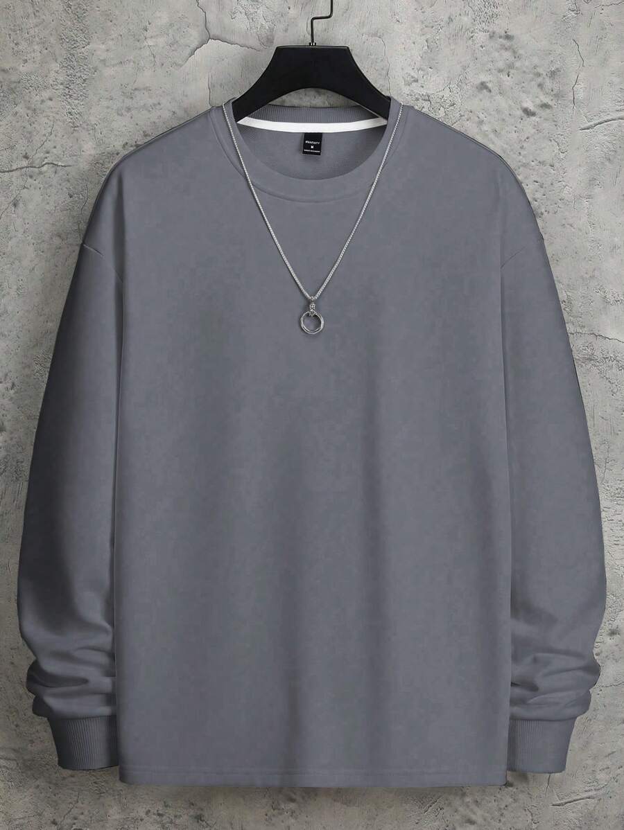 Manfinity Hypemode Áo nỉ dài tay rộng rãi cổ tròn trễ vai màu trơn cho nam, mùa thu/đông - Màu xám đen - Xem 1