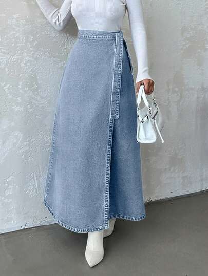 EURMUSE Women's Casual Distressed Light Blue Wrap Tie Maxi Length Denim Skirt