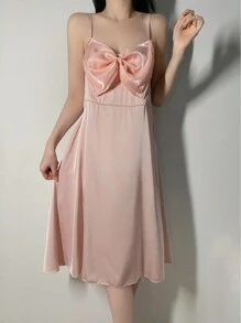 Faux Silk Oversized Bow Accent Camisole Nightgown - Pink - View 4