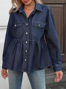 SHEIN Essnce 带纽扣前口袋荷叶边下摆长袖牛仔衬衫 - 深色水洗藍 - 查看 6