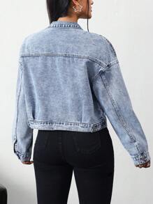 SHEIN Tall Áo khoác denim dáng rộng tay dài thả vai đơn giản đơn giản cho nữ mùa thu - Rửa trung bình - Xem 2