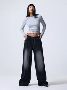 LYSMO 女士纯色圆领、罗纹褶皱抽绳设计长袖 T 恤