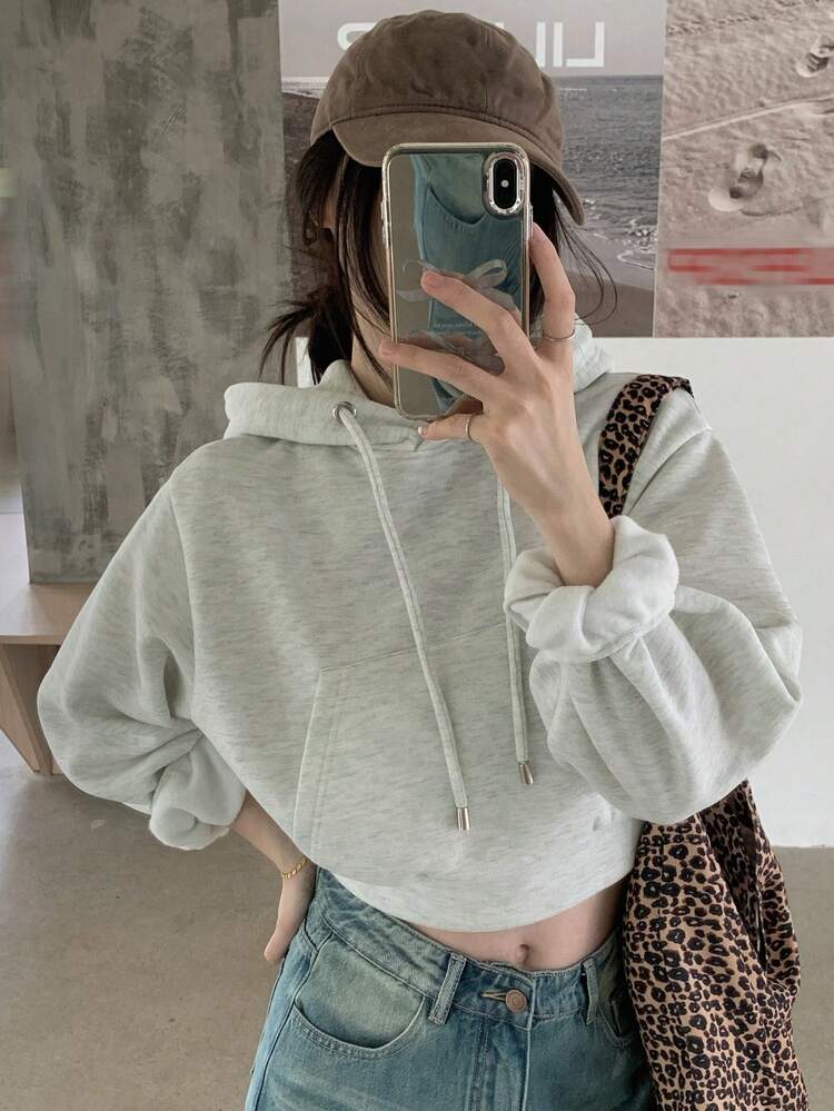 Women's Casual Solid Color Hooded Cropped Fleece Sweatshirt, Autumn,Winter Hoodies