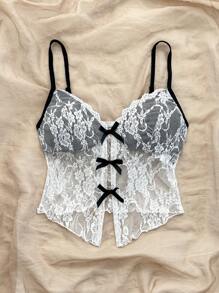 Soleia 女士节日针织蕾丝前镂空开衩上衣，双色精致蝴蝶结装饰，荷叶边领口和下摆，细肩带背心。性感浪漫派对装 - 黑與白 - 查看 3