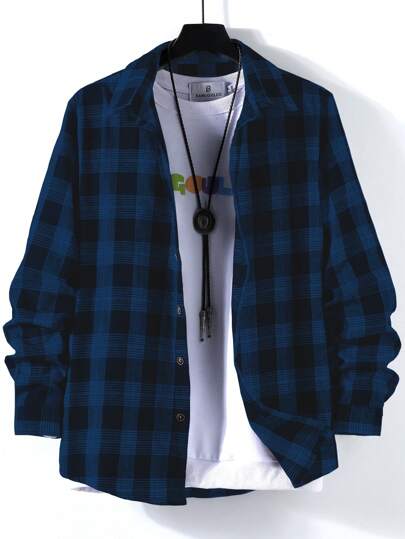 Manfinity Homme Men's Buttoned Front Long Sleeve Plaid Casual Top, Daily Wear, Plaid Jacket Men, Blue Flannel, Fall