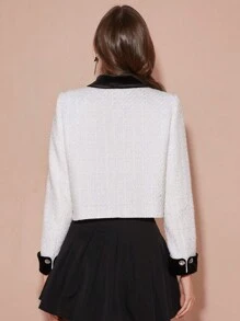 Enchnt Autumn/Winter Romantic Women's Sweet Elegant White Color Block Exquisite Pearl Bow Decor Long Sleeve Tweed Jacket,For Thanksgiving&Christmas Party - White - View 8