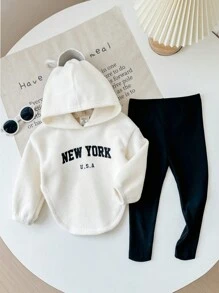 青少年女孩运动休闲连帽运动衫和紧身裤套装，妈妈和我配套服装（2 套单独出售） - 白色 - 查看 3