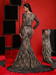 Glamrae Vestido largo formal elegante de unicolor con mangas largas, cuello en V y bordado con lentejuelas en negro y dorado champán. Incluye un adorno en la cintura, una silueta de cola de pez y un bajo semitransparente. Ideal para eventos formales como baile de graduación, cena, fiesta o boda.