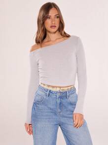 MUSERA Asymmetrical Shoulder Fitted Crop TopVacation Spring Summer Casual Holiday - Grey - View 4