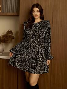 Elaquor Plus Size Women's Fall Dresses,Elegant Dress,Cheetah Dress,Women Fall Clothes, Contrast Ruffle Hem All Over Print Crew Neck Long Sleeve Cute Dress - Black - View 5
