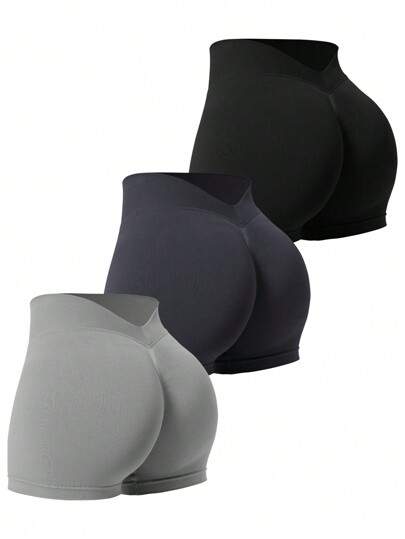 Easithlete Set de 3 pantalones cortos deportivos de unicolor, sin costuras, con cintura en V