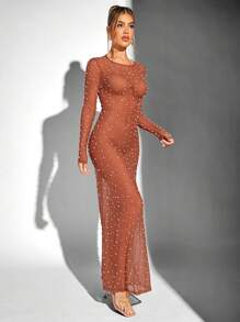 Hauture 带珍珠装饰的锈色透明超长圣诞派对连衣裙 - 棕色 - 查看 4