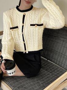 DAZY Women's Elegant Contrast Trim Button Knit Sweater, Autumn - Beige - View 9