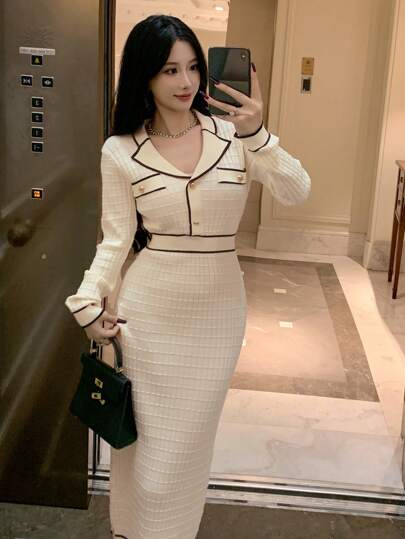 DAZY 女士秋冬翻领长袖纽扣设计拼色毛衣连衣裙，秋季女装