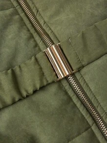 SHEIN LUNE 大码毛皮拼布连帽加厚棉服外套，休闲秋冬装 - 軍綠色 - 查看 3