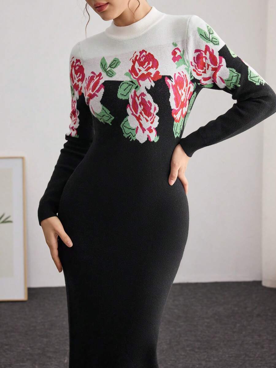 Modelyn 女士花卉印花紧身收腰针织毛衣连衣裙 - 黑色 - 查看 1