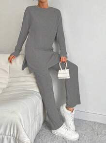 Cottnline Conjunto de 2 piezas de top de cuello redondo y pantalones de unicolor y franjas de 100% algodón para mujer