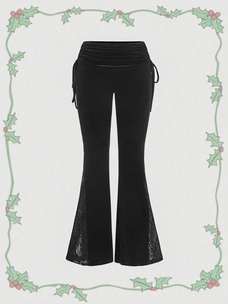 SHEIN MOD Damen Schwarze Ultra Taille Spitze Bund Schlaghose, Piraten Kostüm für Frauen, Hexe, Silvester, Silvester Damenkleidung, Party Damen Hose, Silvester - Schwarz - Übersicht 1