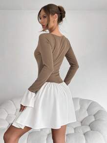 SHEIN Essnce Casual Women's Knit And Linen Mini Dress - Smoke & Ivory Fall/Winter Dress Bachelorette Dress Y2k Dress Fall/Winter Color Block Round Neck Long Sleeve Pleated Simple Casual Short Dress Women Dresses Black Lantern Dress Hem Dress /Flower Bud Hem/Ruffle/Birthday Outfit/Bubbl Thanksgiving Mini Dress