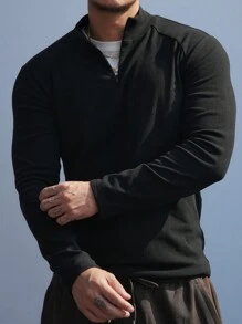 DAZY 男士纯色立领拉链长袖修身运动T恤，秋季款，四分之一拉链男款 - 黑色 - 查看 12