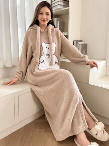 Cute Bear Embroidered Oversized Snap Button Front Jumpsuit Fluffy For Women, For Fall Winter - Khaki - View 5