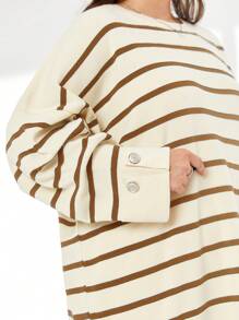 SHEIN Cottnline Striped Pattern Drop Shoulder Sweater & Knit Skirt - Brown - View 4