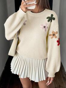 Chiquease 女士手工刺绣花卉圆领落肩宽松针织毛衣