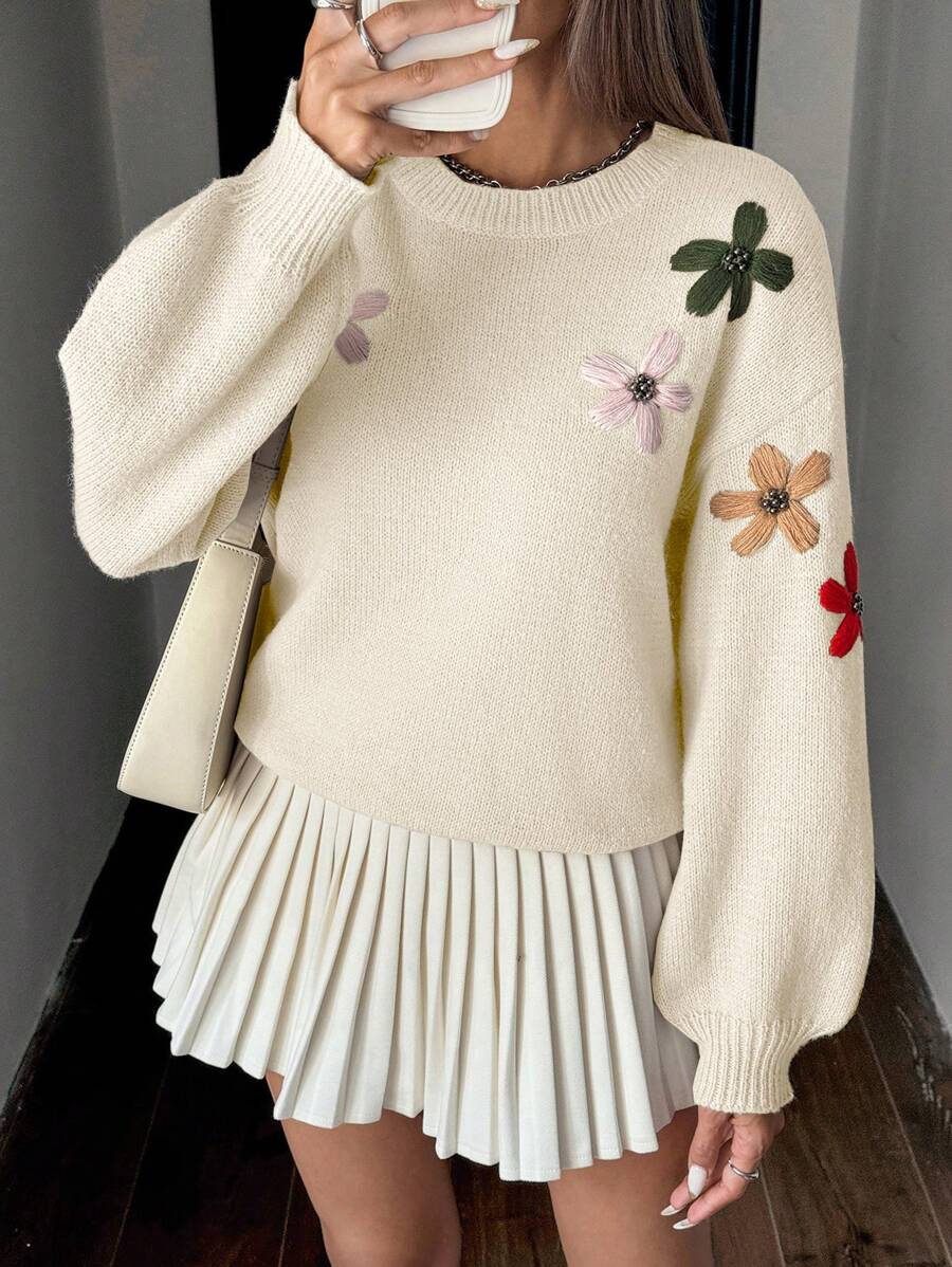 Chiquease 女士手工刺绣花卉圆领落肩宽松针织毛衣