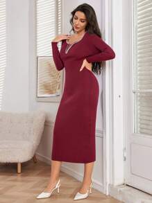 Modelyn Women Elegant Rhinestone Embellished Bodycon Knit Sweater Dress, Autumn/Winter - Burgundy - View 6