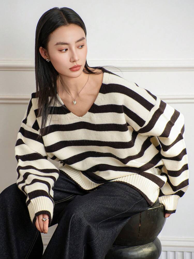 V-Neck Thick Striped Patchwork Knitted Sweater For Women,Fall Clothes Business Casual Woman Work Clothes