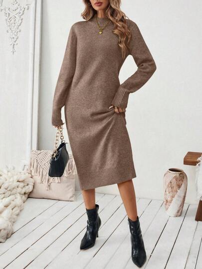 Pariaura Women's Solid Color Crew Neck Long Sleeve Casual Sweater Dress, Autumn/Winter Fall Cloth For Women