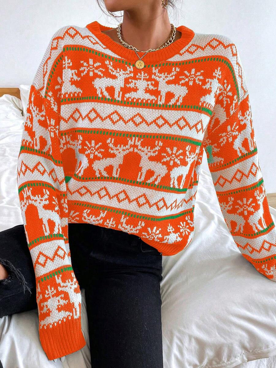 SHEIN LUNE Women's Casual Reindeer Pattern Round Neck Drop Shoulder Long Sleeve Sweater, Autumn/Winter Knit Pullover Fall - Burnt Orange - View 1